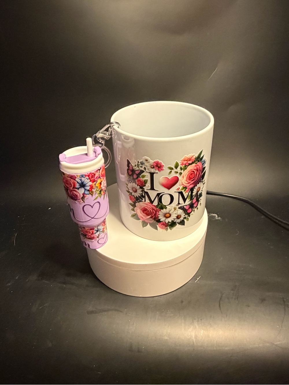 I ♥ Mom Floral Ceramic Mug with Pink Floral Keychain
